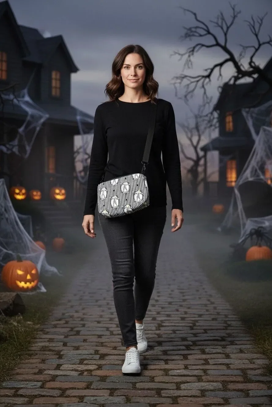 Handmade Beetlejuice Inspired Crossbody Bag Black White Striped Halloween